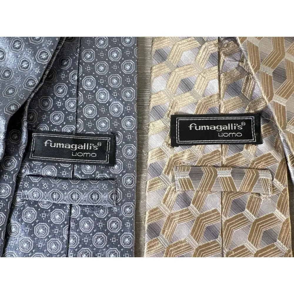 Fumagallis Uomo Lot of 2 Ties- Gray‎ Geometrical Designs and Tan- 100% Silk- EUC